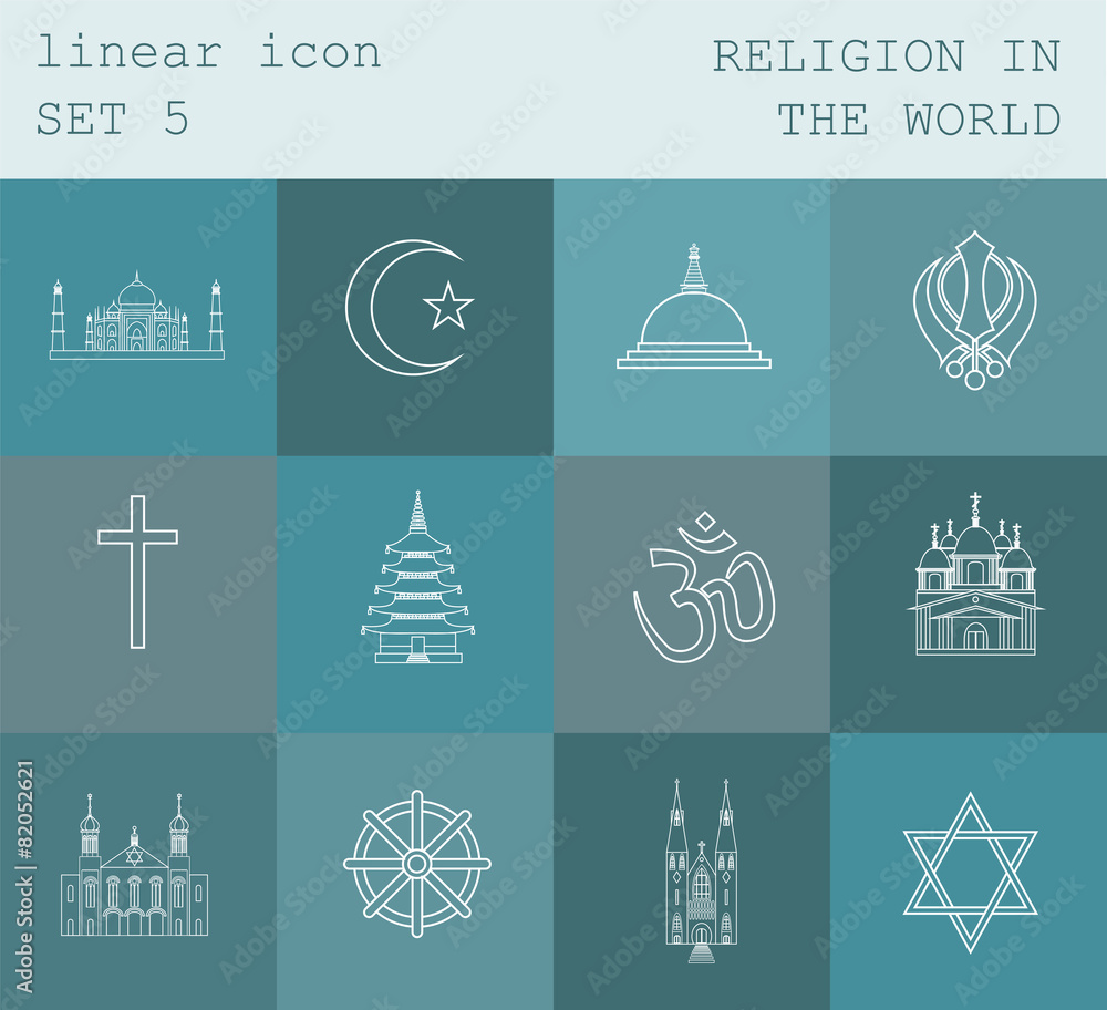 Outline icon set Religion in the world. Flat linear design Outline icon set Religion in the world. Flat linear design