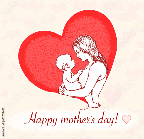 Young mother holding her baby drawing in profile