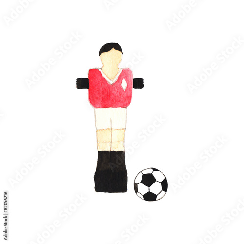 Old fashioned foosball player and ball. Watercolor object on the
