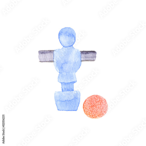 Foosball player and ball. Watercolor object on the white