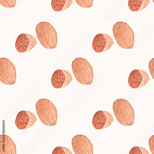 Seamless watercolor pattern with nutmeg on the white background