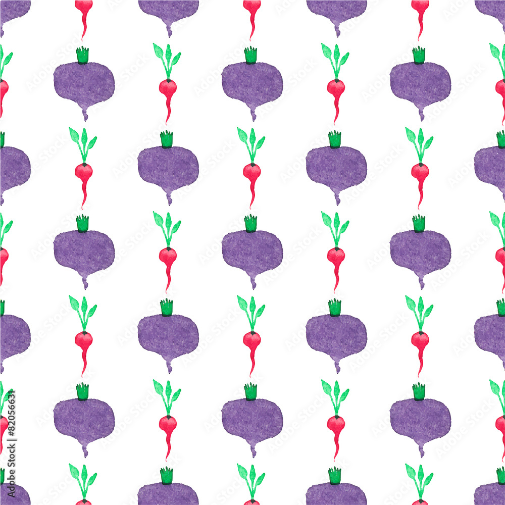 Seamless watercolor pattern with beetroot and radishes on the Seamless watercolor pattern with beetroot and radishes on the