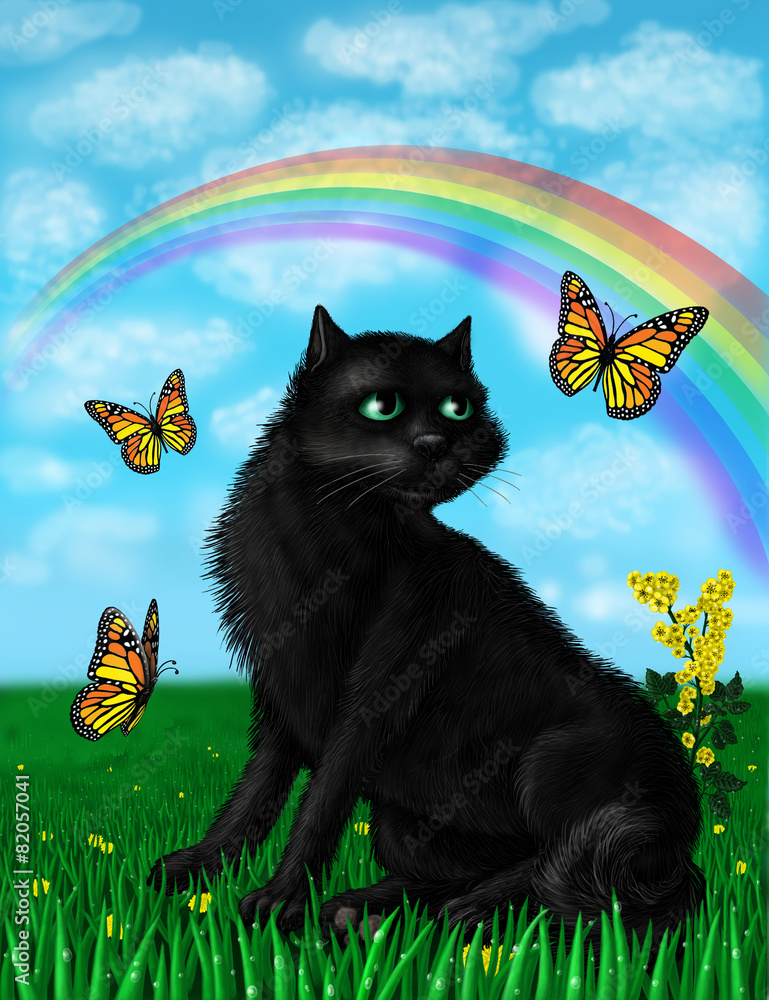 Fototapeta Illustration of a black cat on a sunny day