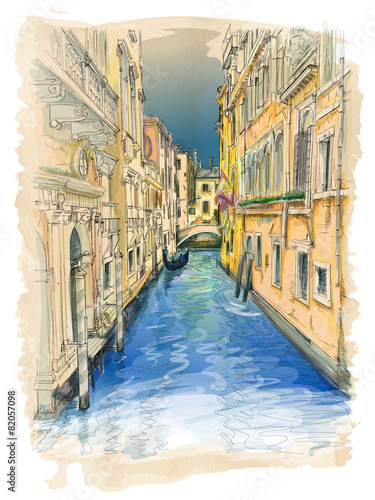 Venice - water canal, old buildings & gondola away