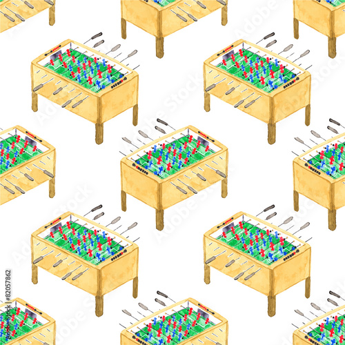 Watercolor seamless pattern with foosball tables on the white