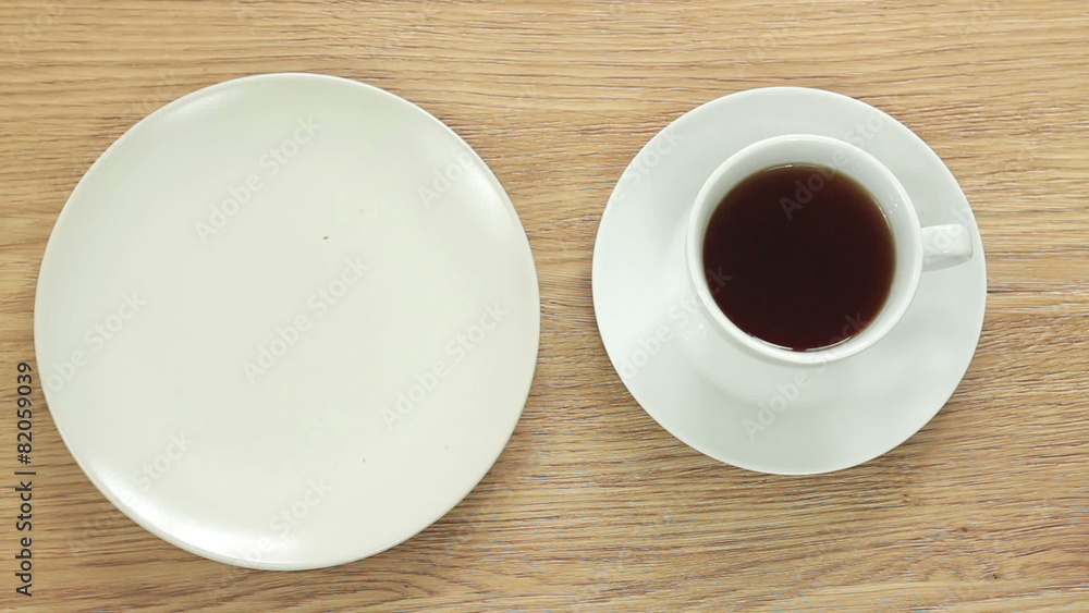 Breakfast with cup of coffee and croissant , top view Breakfast with cup of coffee and croissant , top view