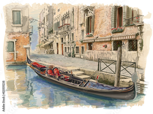 Venice - Calle Fondamenta Megio. Ancient building & gondola