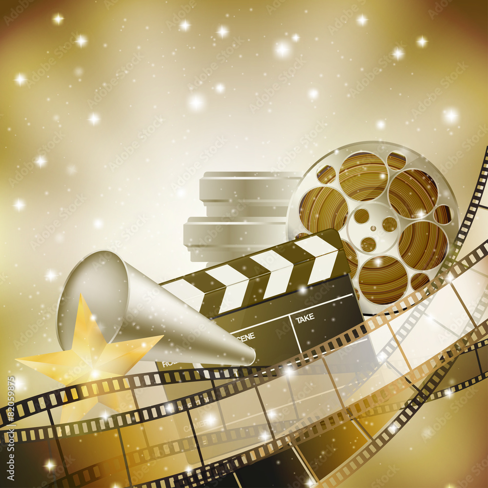 Fototapeta premium cinema background with retro filmstrip, clapper and stars