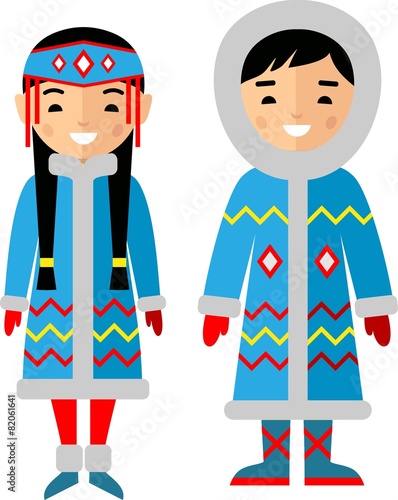 Vector illustration of eskimo children, boy, girl, people