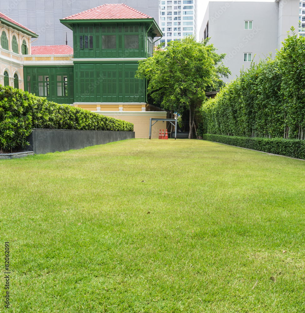 Green grass and cones with Asian style building