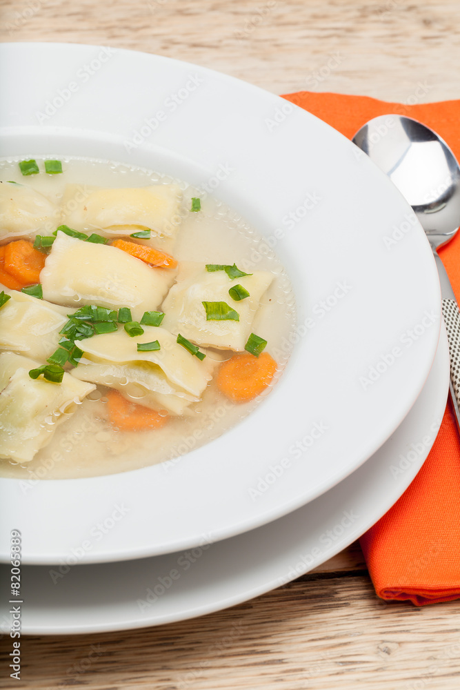 Traditional Swabian soup with dumplings. Traditional Swabian soup with dumplings.