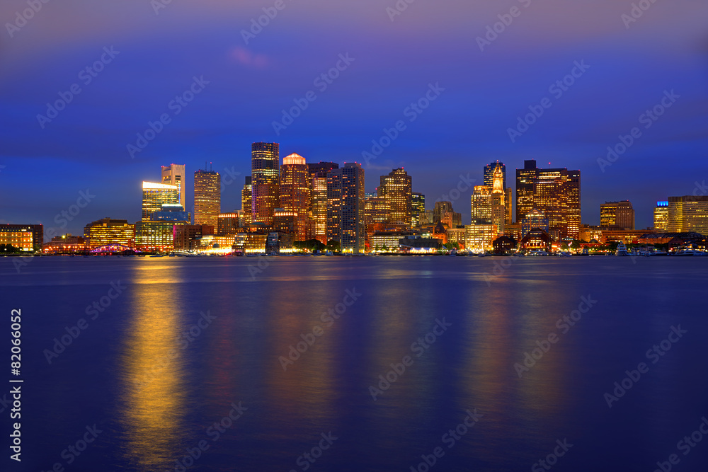 Boston skyline at sunset and river in Massachusetts