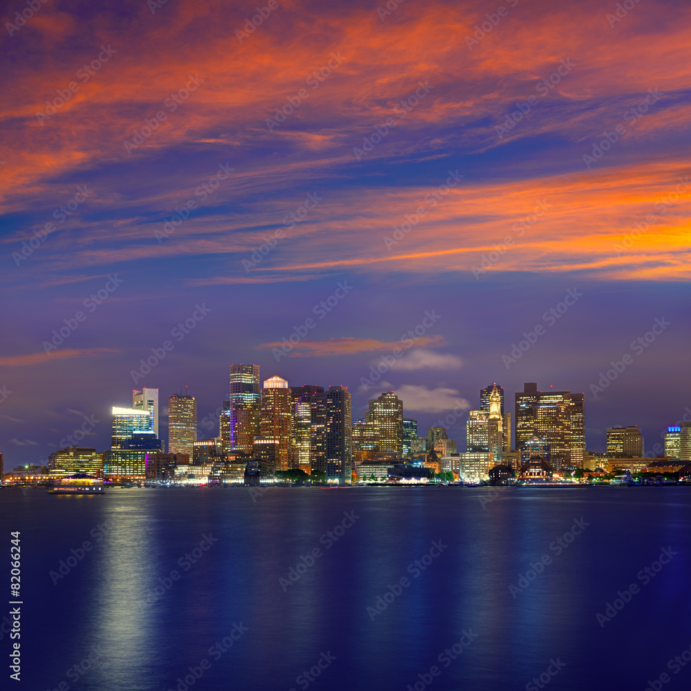 Boston skyline at sunset and river in Massachusetts