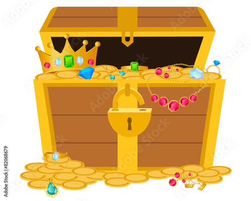 Opened wooden chest with treasures