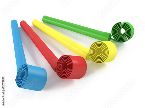 colored party favor horns isolated. Whistle