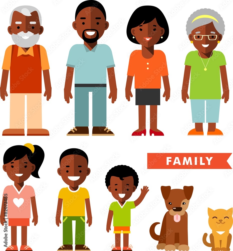 Set of african american ethnic family members in flat style Stock