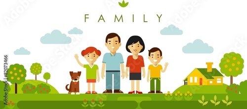 Set of four family members posing together in flat style