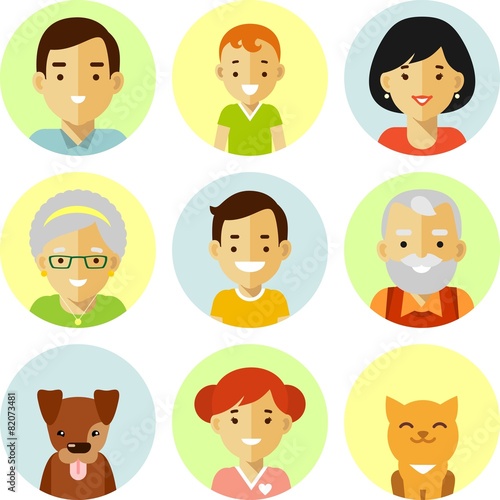Set of seven family members avatars icons in flat style