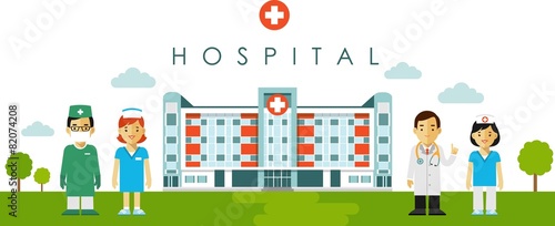 Medical concept with hospital building and doctor in flat style