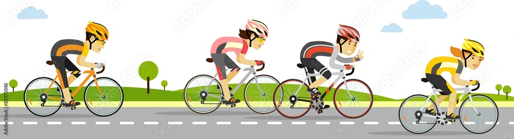 Young racing cyclists on bikes in flat style - obrazy, fototapety, plakaty 