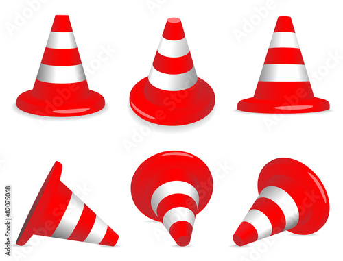 Set of red and white standing and fallen traffic-cones.