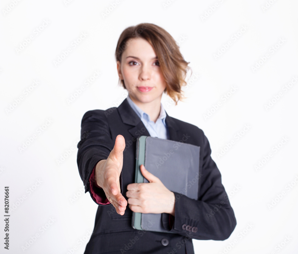 Business woman gives a handshake isolated Business woman gives a handshake isolated