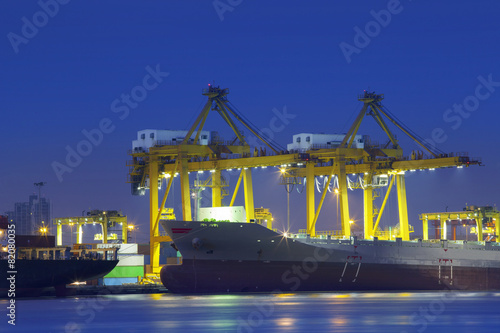 beautiful lighting of container ship in port use for import,exp