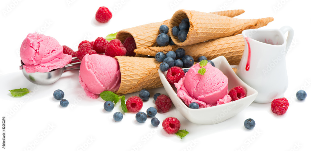 Pink ice cream and berries