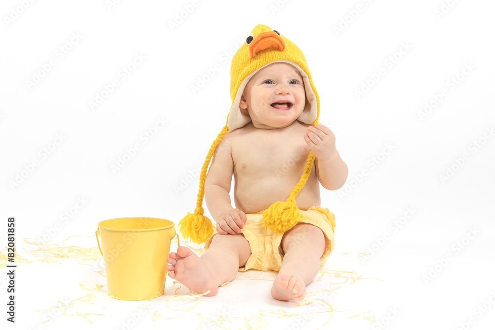 Baby in Easter Chicken Costume Smiling Baby in Easter Chicken Costume Smiling