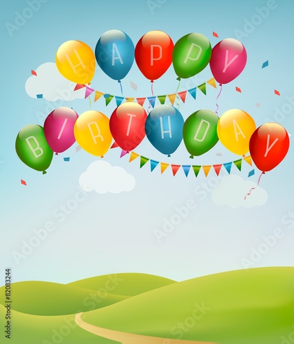 Retro holiday background with colorful balloons and landscape. V