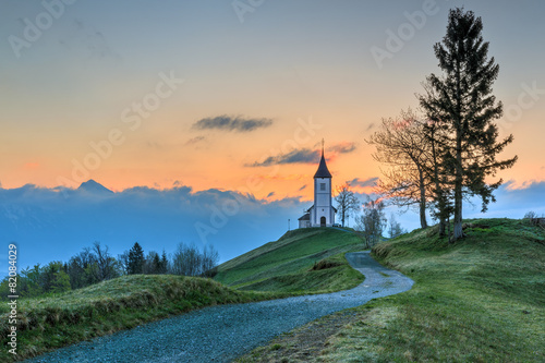 St. Primož church near Jamnik at dawn on, Slovenia 