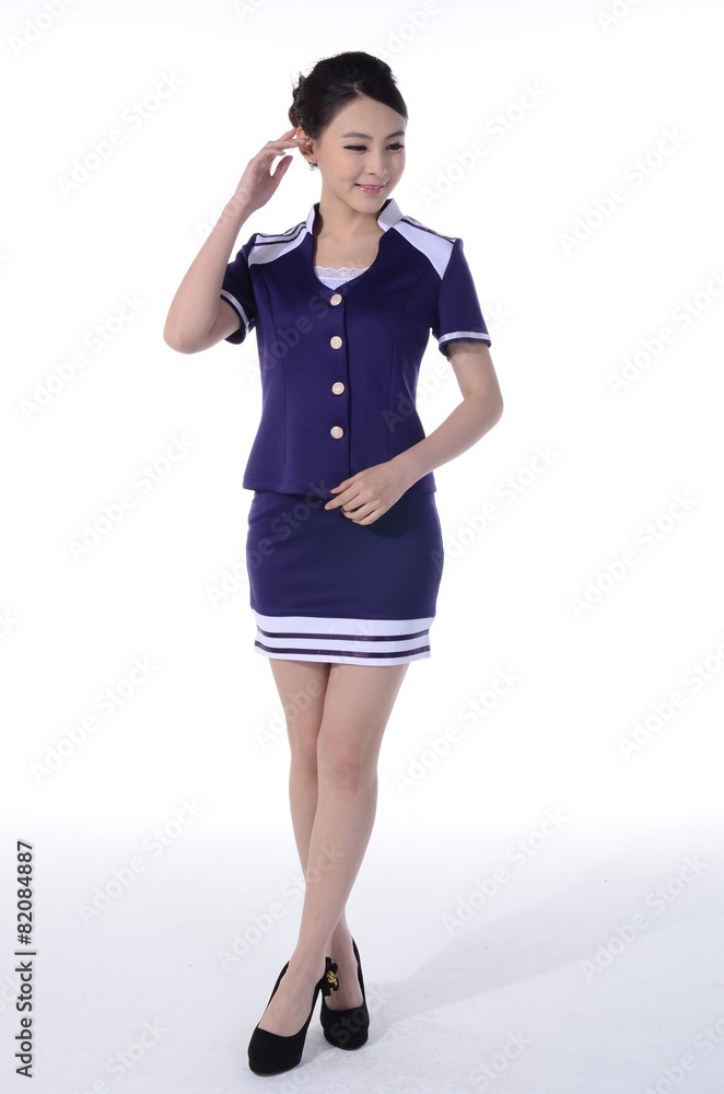 Active girl wear professional attire in front of a white backgro