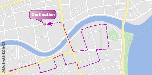 City Map with Circuitous Route to Destination photo