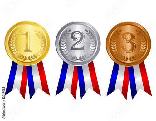 Gold , silver , and bronze medals with ribbons