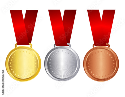 Gold silver and bronze medal with red ribbon