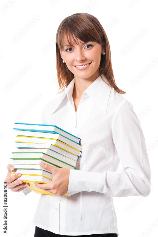 Portrait of woman with textbooks, on white Portrait of woman with textbooks, on white
