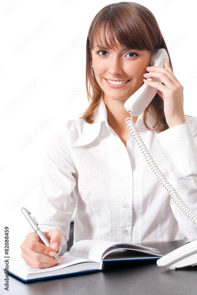 Young businesswoman with phone, on white Young businesswoman with phone, on white