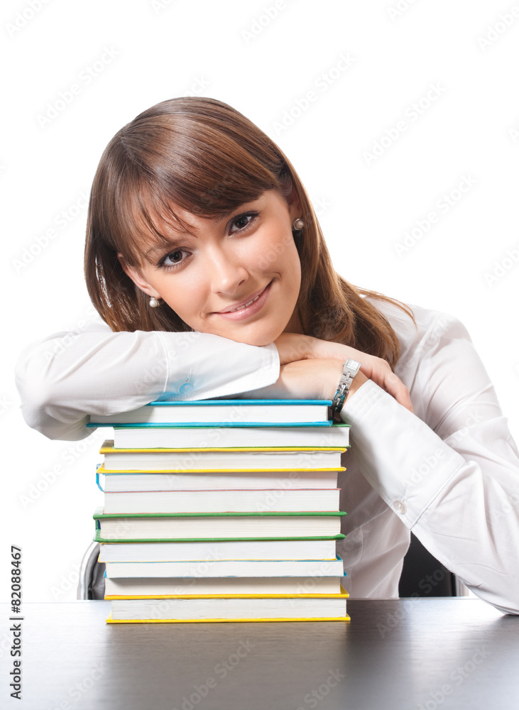 Young woman with textbooks, on white Young woman with textbooks, on white
