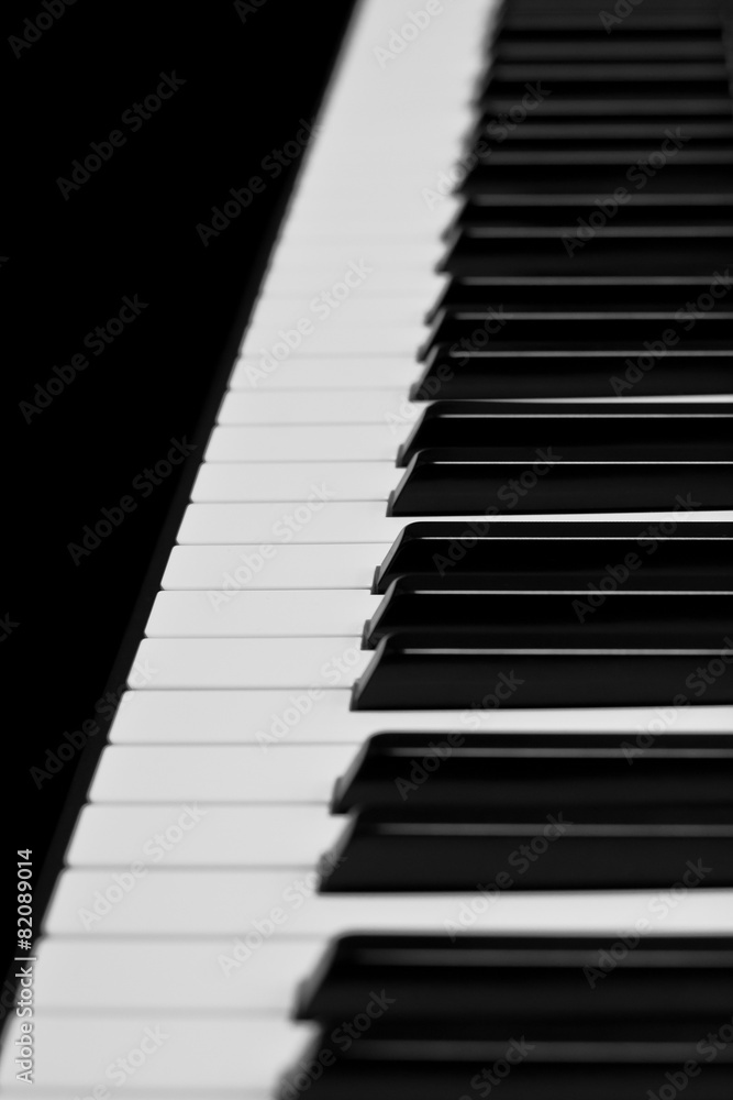 Piano keys closeup in black and white