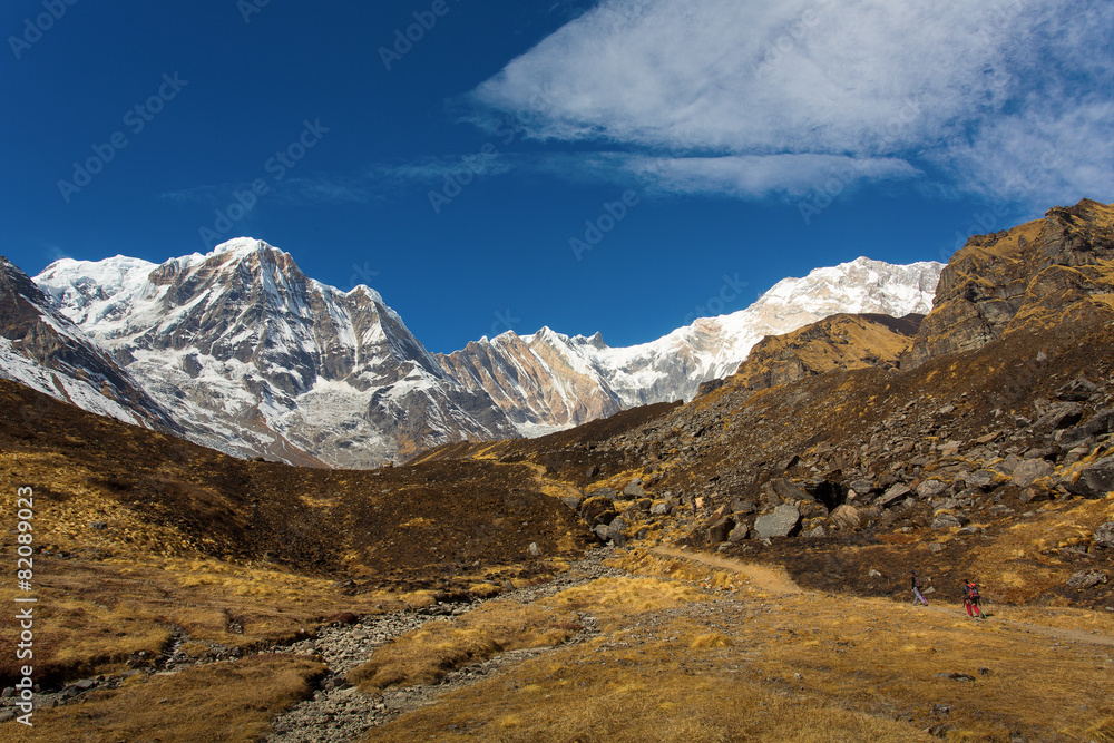 Trekking to Annapurna Base Camp with Annapurna I in a background