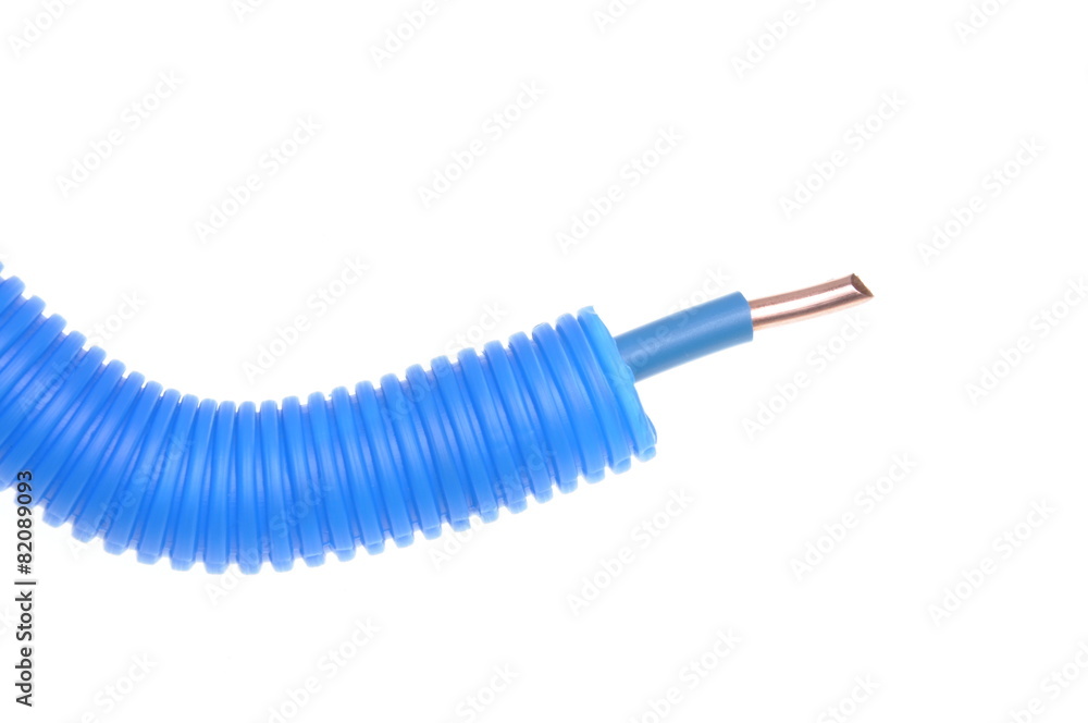 Blue flexible corrugated pipe with electrical wire Blue flexible corrugated pipe with electrical wire
