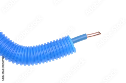 Blue flexible corrugated pipe with electrical wire