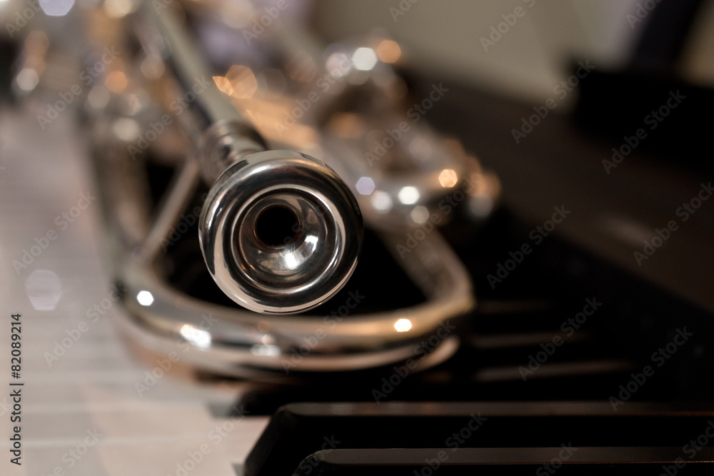 Fototapeta premium Trumpet segment closeup lying on piano keys
