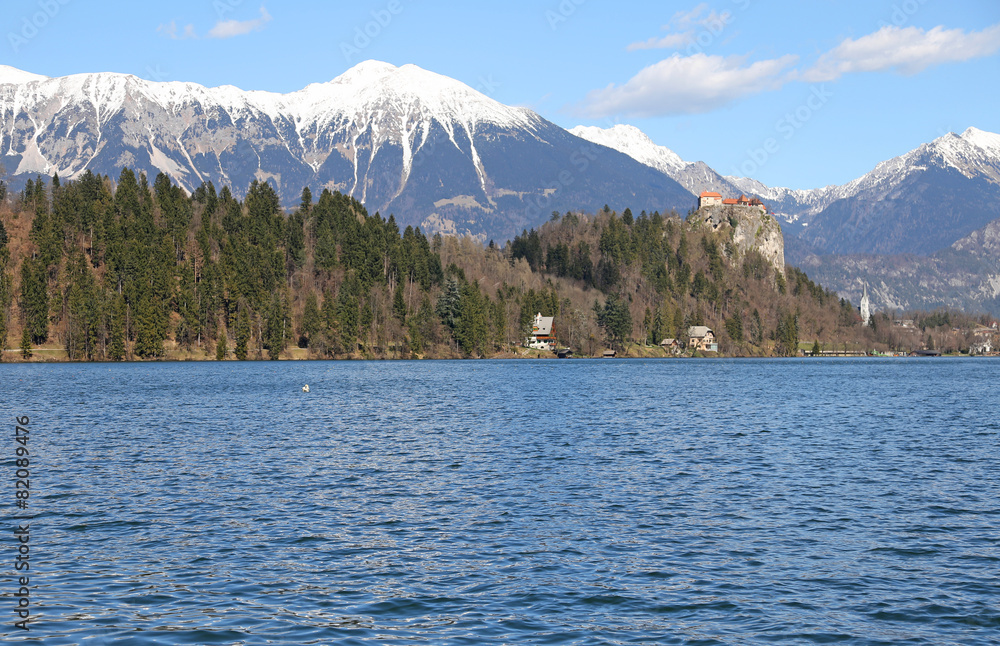 castle on Lake bled and the snowy mountains of Slovenia