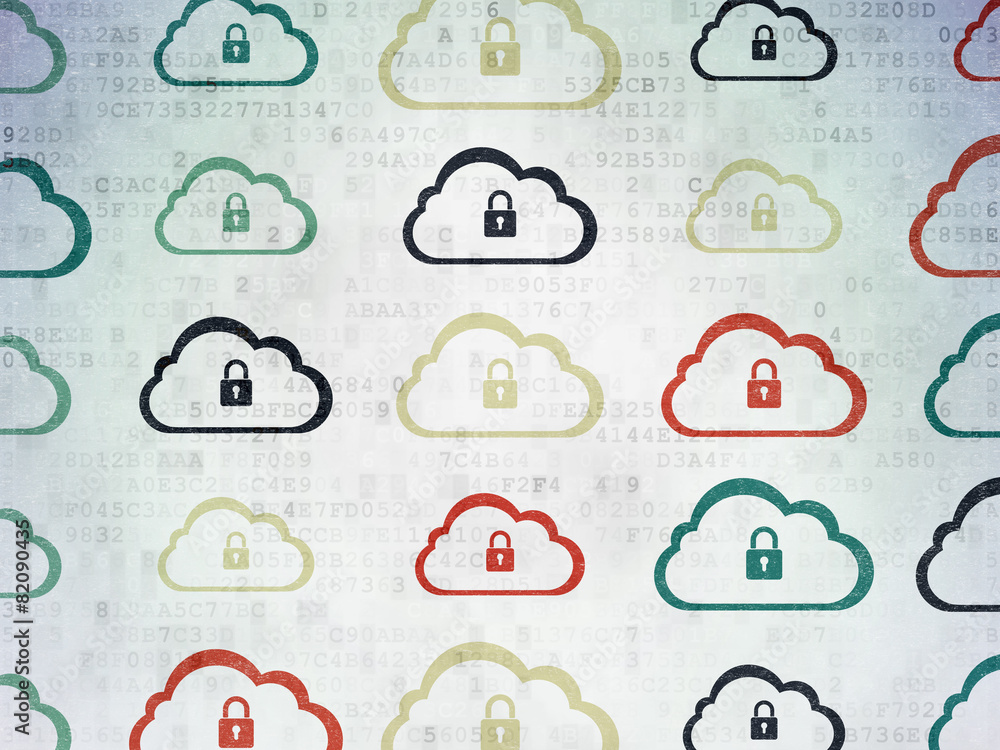 Cloud networking concept: Cloud icons on Digital Paper Cloud networking concept: Cloud icons on Digital Paper
