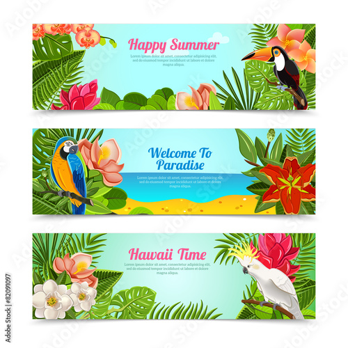 Tropical island flowers horizontal banners set