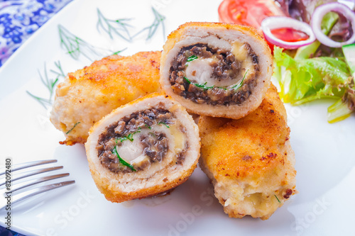 Photography chicken roulade with mushrooms fried in batter