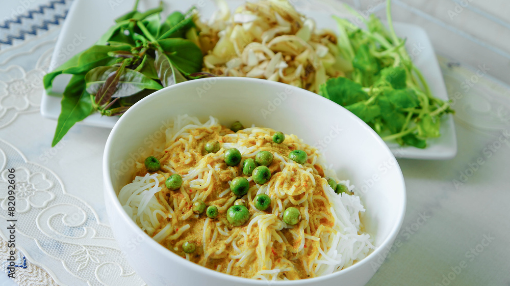 Traditional Thai cuisine, rice vermicelli eaten with curry