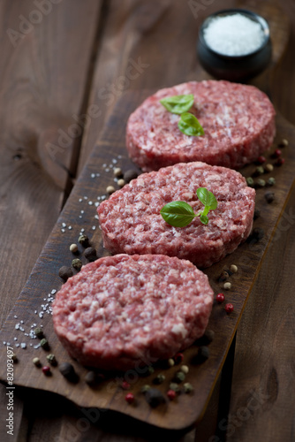 Raw beef cutlets with various spices, rustic wooden background