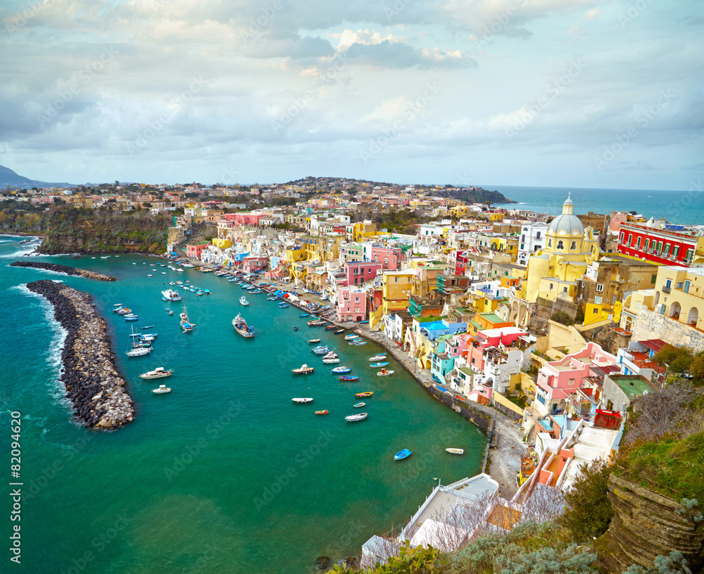 View to fishermanns village on the Island Procida near Naples, i